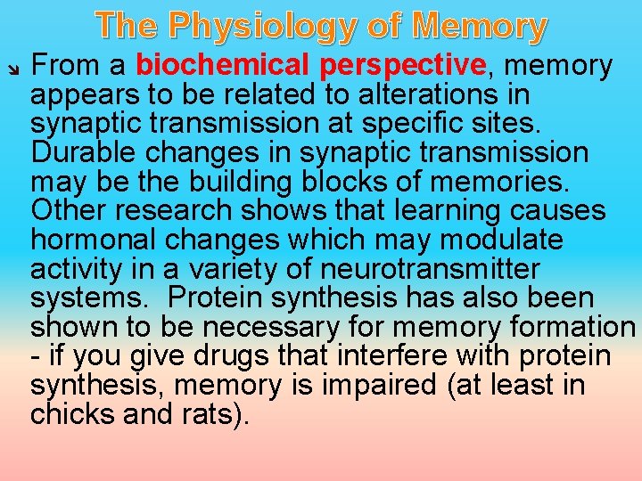 The Physiology of Memory From a biochemical perspective, memory appears to be related to