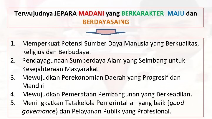 Terwujudnya JEPARA MADANI yang BERKARAKTER, MAJU dan BERDAYASAING 1. Memperkuat Potensi Sumber Daya Manusia