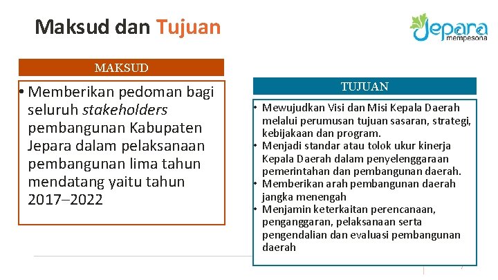 Maksud dan Tujuan MAKSUD • Memberikan pedoman bagi seluruh stakeholders pembangunan Kabupaten Jepara dalam