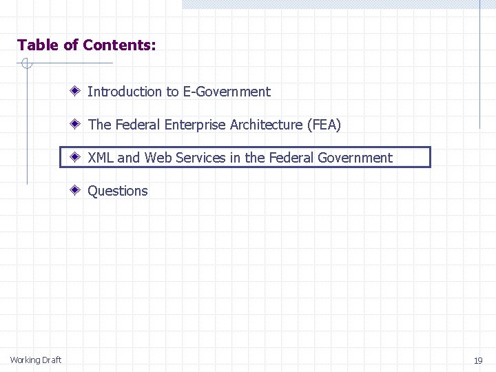 Table of Contents: Introduction to E-Government The Federal Enterprise Architecture (FEA) XML and Web