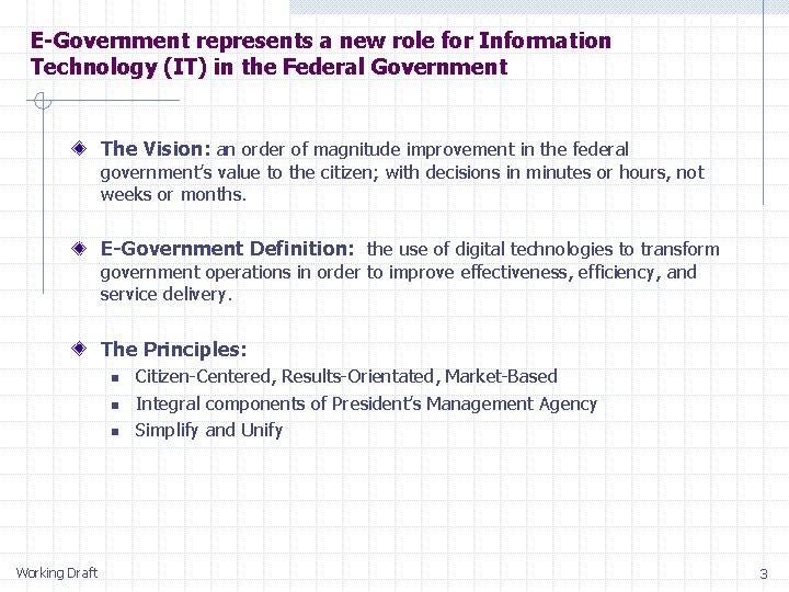 E-Government represents a new role for Information Technology (IT) in the Federal Government The E-Government represents a new role for Information Technology (IT) in the Federal Government The