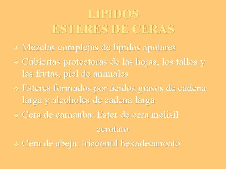 LIPIDOS ESTERES DE CERAS Mezclas complejas de lípidos apolares v Cubiertas protectoras de las