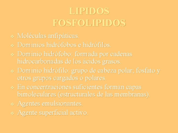 LIPIDOS FOSFOLIPIDOS v v v v Moléculas anfipáticas. Dominios hidrófobos e hidrófilos. Dominio hidrófobo: