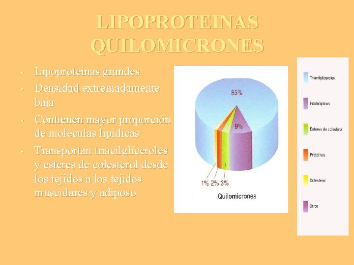 LIPOPROTEINAS QUILOMICRONES • • Lipoproteinas grandes Densidad extremadamente baja Contienen mayor proporción de moléculas