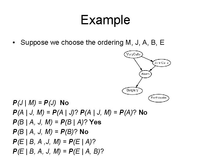 Example • Suppose we choose the ordering M, J, A, B, E P(J |