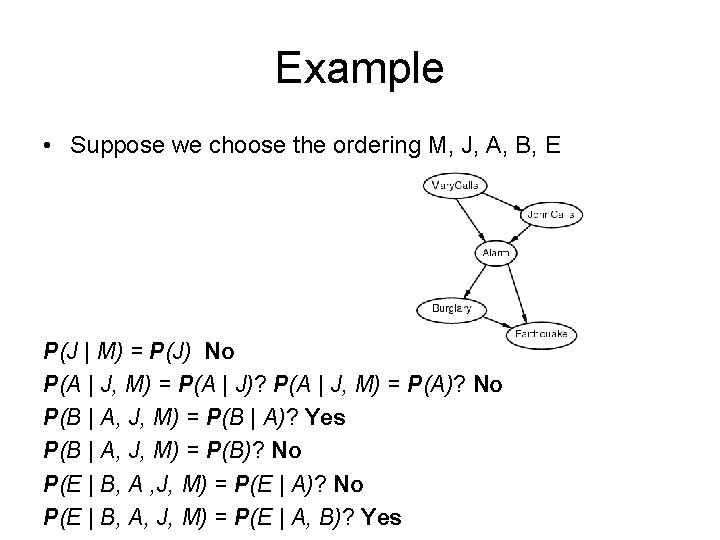 Example • Suppose we choose the ordering M, J, A, B, E P(J |