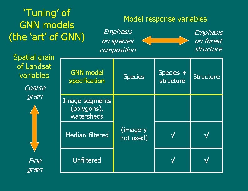 ‘Tuning’ of GNN models (the ‘art’ of GNN) Spatial grain of Landsat variables Coarse