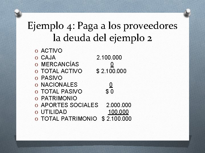 Ejemplo 4: Paga a los proveedores la deuda del ejemplo 2 O O O