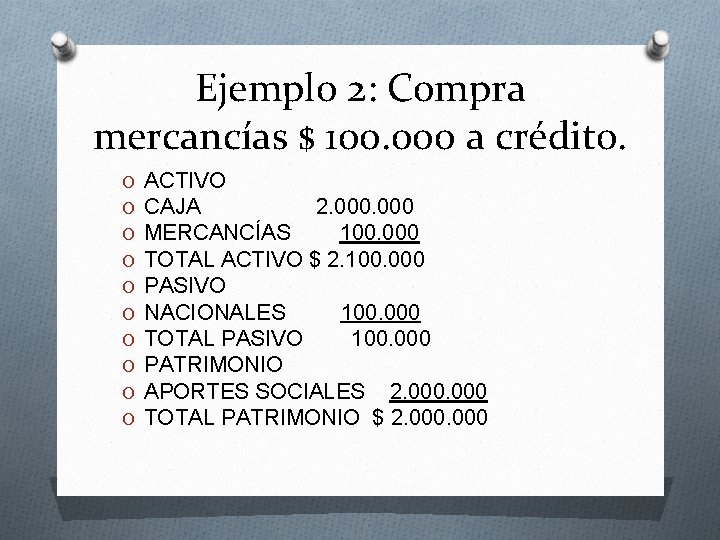 Ejemplo 2: Compra mercancías $ 100. 000 a crédito. O O O O O