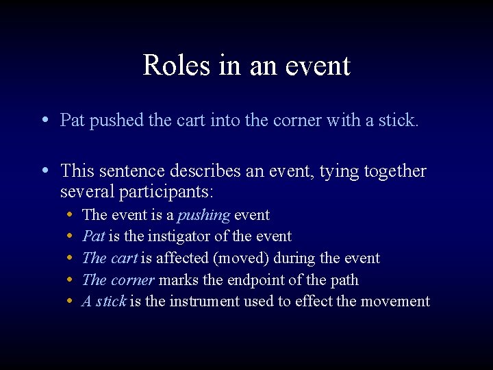 Roles in an event • Pat pushed the cart into the corner with a