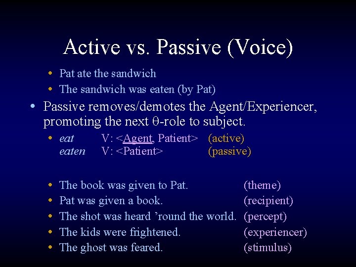 Active vs. Passive (Voice) • Pat ate the sandwich • The sandwich was eaten