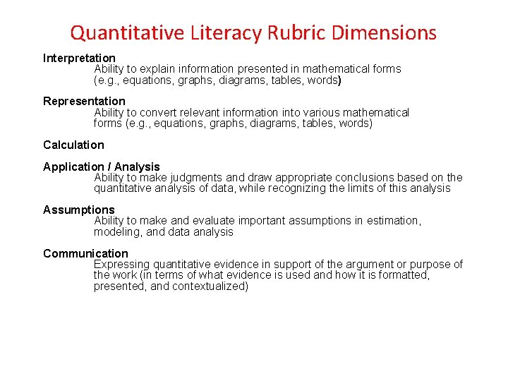Quantitative Literacy Rubric Dimensions Interpretation Ability to explain information presented in mathematical forms (e.