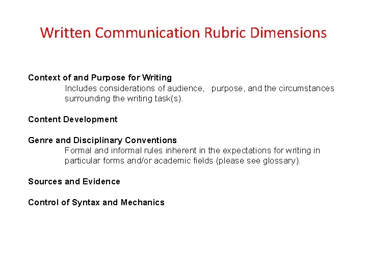 Written Communication Rubric Dimensions Context of and Purpose for Writing Includes considerations of audience,