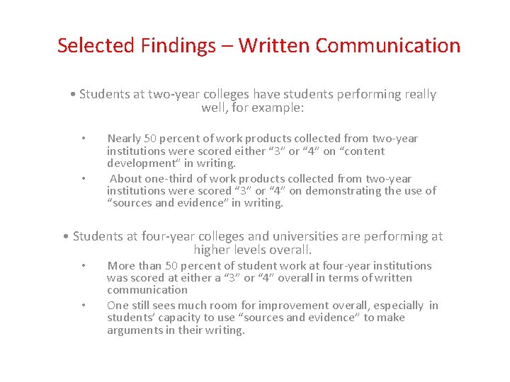 Selected Findings – Written Communication • Students at two-year colleges have students performing really