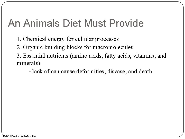 An Animals Diet Must Provide 1. Chemical energy for cellular processes 2. Organic building