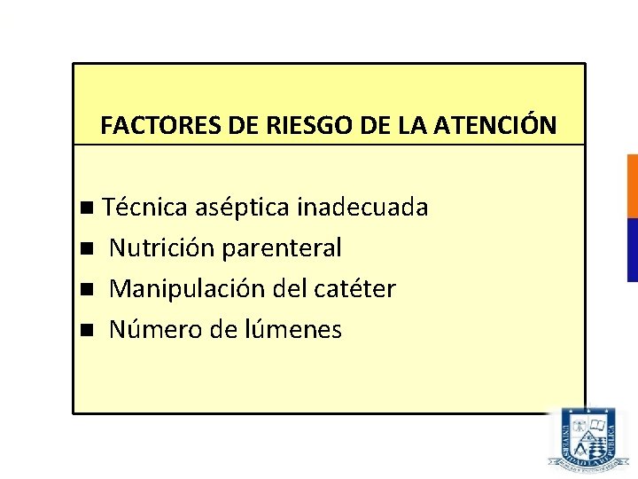 FACTORES DE RIESGO DE LA ATENCIÓN Técnica aséptica inadecuada Nutrición parenteral Manipulación del catéter