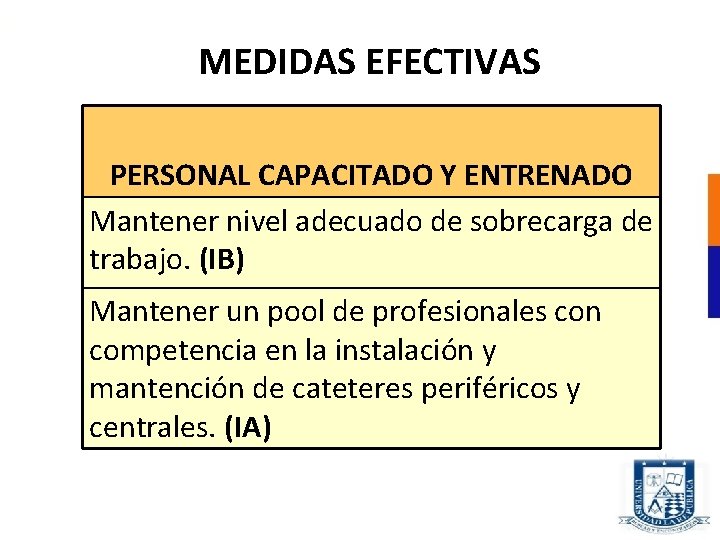 MEDIDAS EFECTIVAS PERSONAL CAPACITADO Y ENTRENADO Mantener nivel adecuado de sobrecarga de trabajo. (IB)