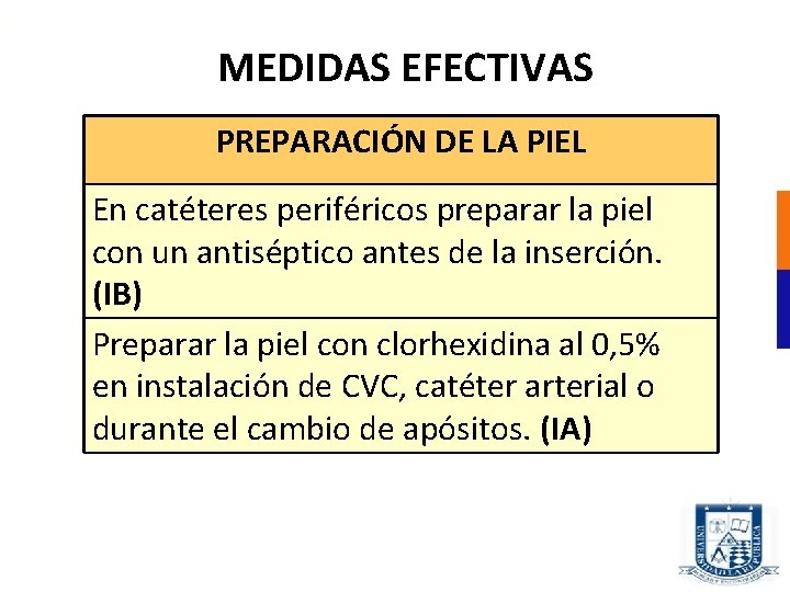 MEDIDAS EFECTIVAS PREPARACIÓN DE LA PIEL En catéteres periféricos preparar la piel con un