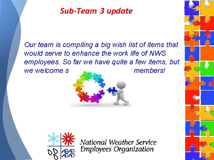 Sub-Team 3 update Our team is compiling a big wish list of items that