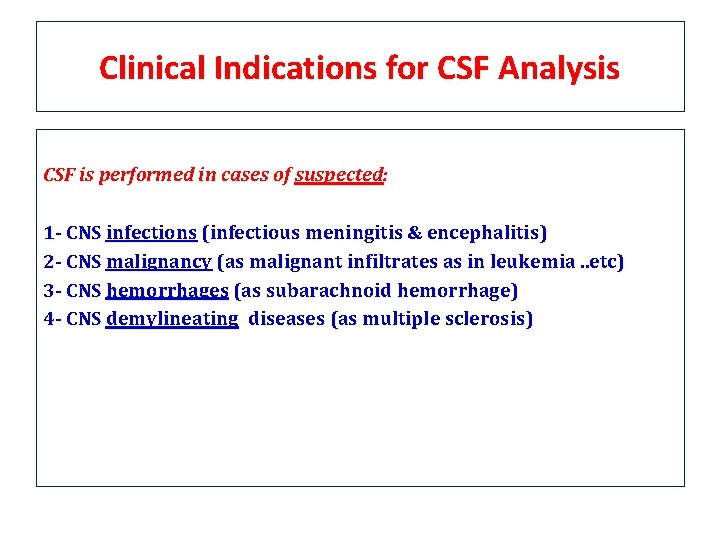 Clinical Indications for CSF Analysis CSF is performed in cases of suspected: 1 - Clinical Indications for CSF Analysis CSF is performed in cases of suspected: 1 -