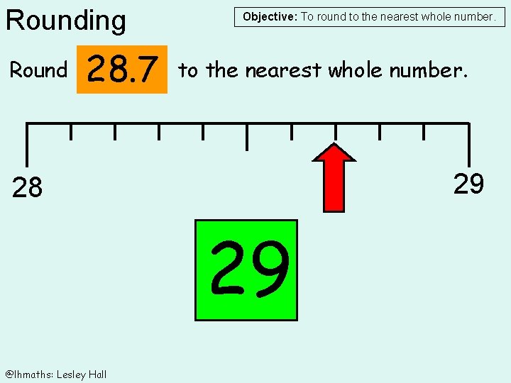 Rounding Round 28. 7 Objective: To round to the nearest whole number. 29 28