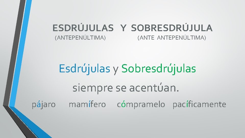 ESDRÚJULAS Y SOBRESDRÚJULA (ANTEPENÚLTIMA) (ANTEPENÚLTIMA) Esdrújulas y Sobresdrújulas siempre se acentúan. pájaro mamífero cómpramelo