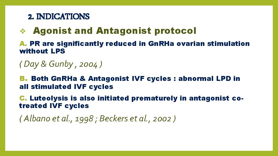 2. INDICATIONS v Agonist and Antagonist protocol A. PR are significantly reduced in Gn.
