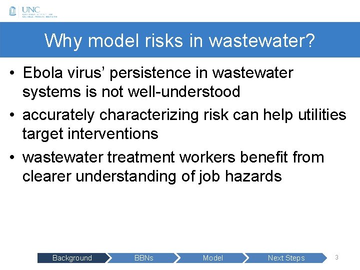 Why model risks in wastewater? • Ebola virus’ persistence in wastewater systems is not