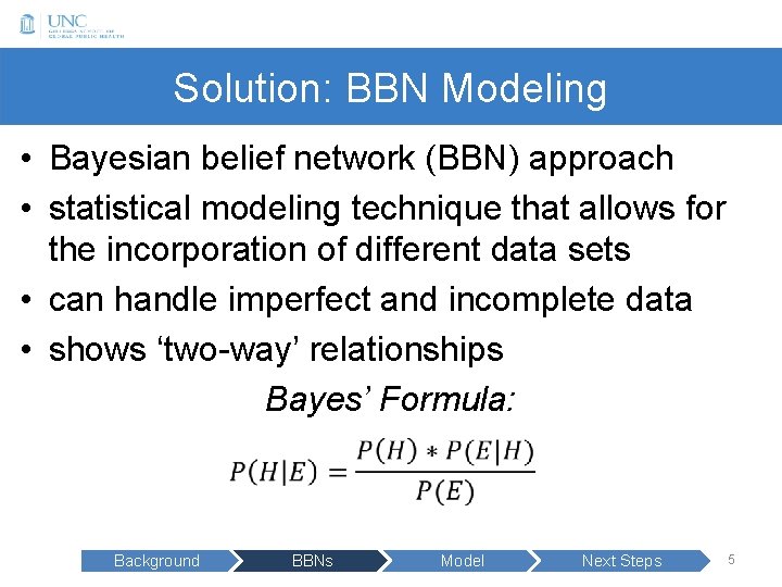 Solution: BBN Modeling • Bayesian belief network (BBN) approach • statistical modeling technique that