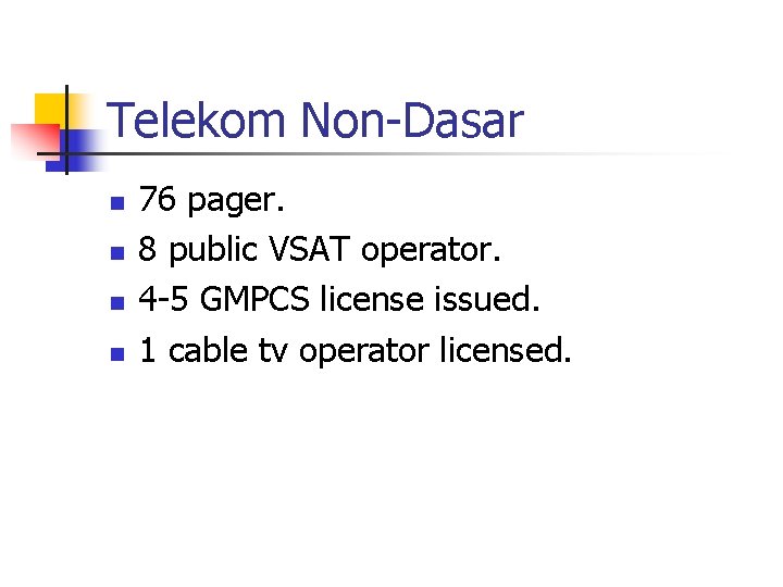 Telekom Non-Dasar n n 76 pager. 8 public VSAT operator. 4 -5 GMPCS license