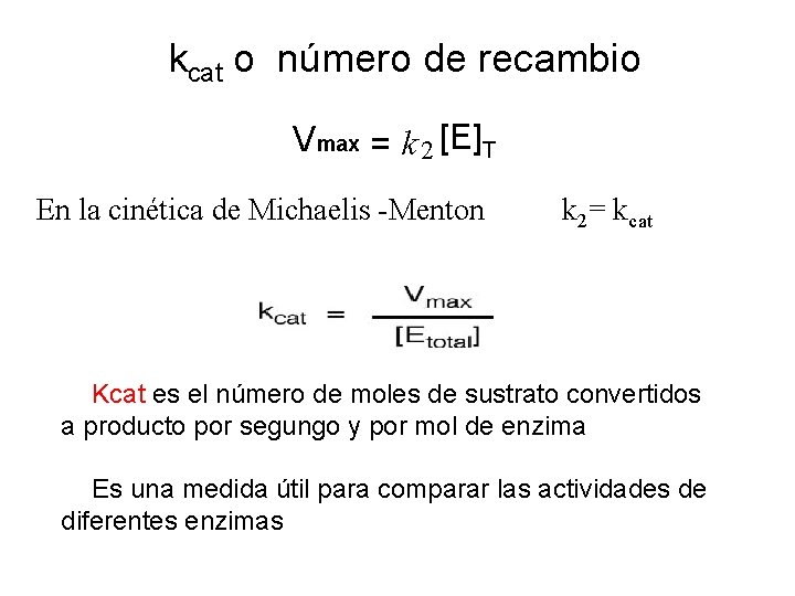 kcat o número de recambio Vmax = k 2 [E]T En la cinética de