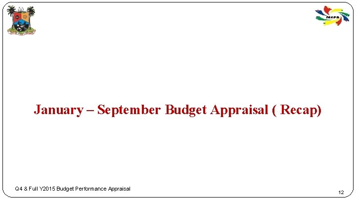 January – September Budget Appraisal ( Recap) Q 4 & Full Y 2015 Budget