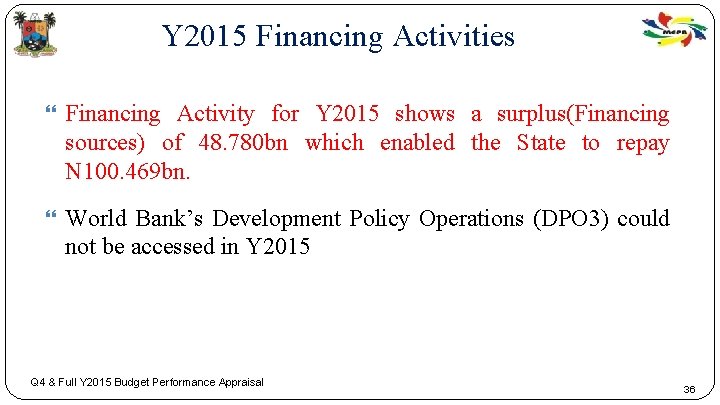 Y 2015 Financing Activities Financing Activity for Y 2015 shows a surplus(Financing sources) of