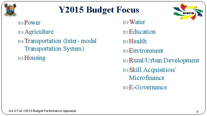  Y 2015 Budget Focus Power Water Agriculture Education Transportation (Inter- modal Health Transportation