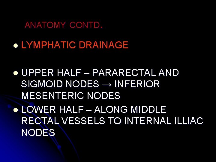 ANATOMY CONTD. l LYMPHATIC DRAINAGE UPPER HALF – PARARECTAL AND SIGMOID NODES → INFERIOR