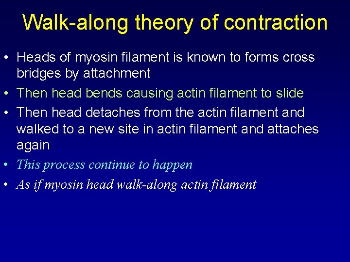 Walk-along theory of contraction • Heads of myosin filament is known to forms cross