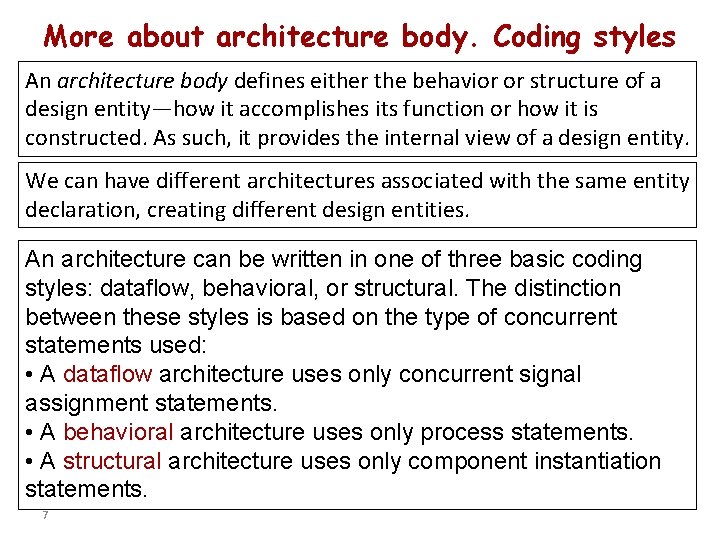 More about architecture body. Coding styles An architecture body defines either the behavior or More about architecture body. Coding styles An architecture body defines either the behavior or