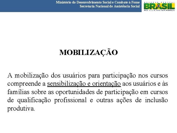 Ministério do Desenvolvimento Social e Combate à Fome Secretaria Nacional de Assistência Social MOBILIZAÇÃO