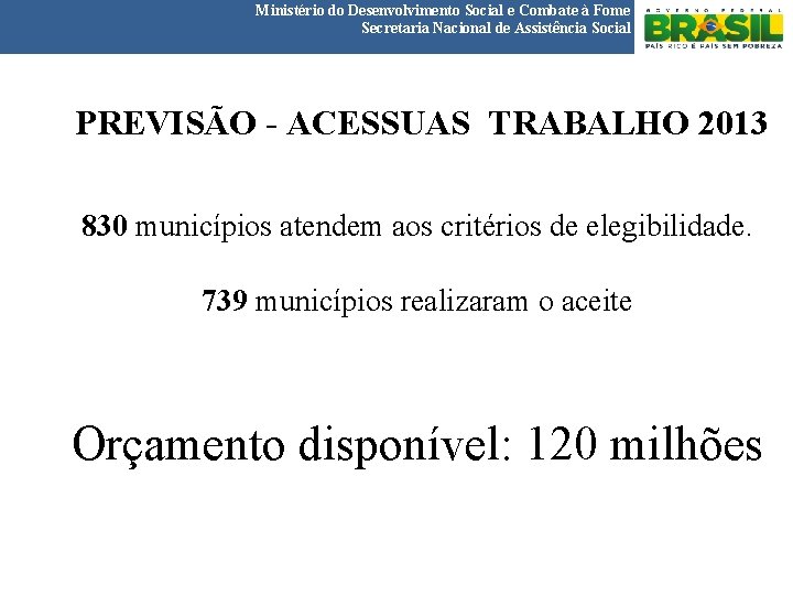 Ministério do Desenvolvimento Social e Combate à Fome Secretaria Nacional de Assistência Social PREVISÃO
