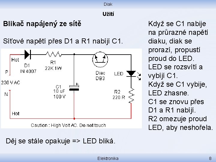 Diak Užití Blikač napájený ze sítě Síťové napětí přes D 1 a R 1