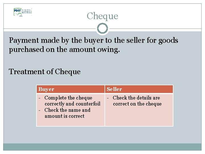Cheque Payment made by the buyer to the seller for goods purchased on the