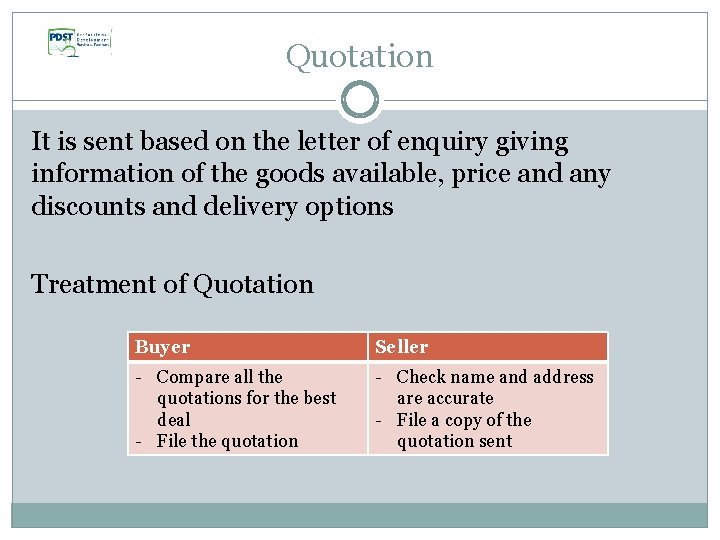 Quotation It is sent based on the letter of enquiry giving information of the