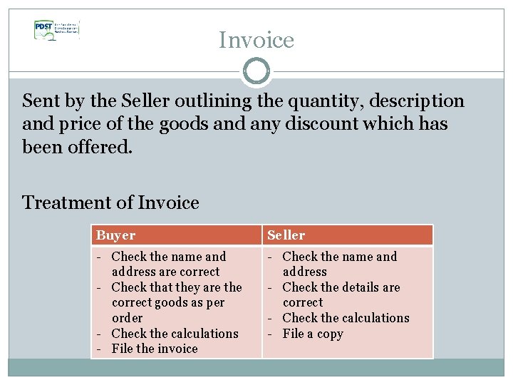 Invoice Sent by the Seller outlining the quantity, description and price of the goods