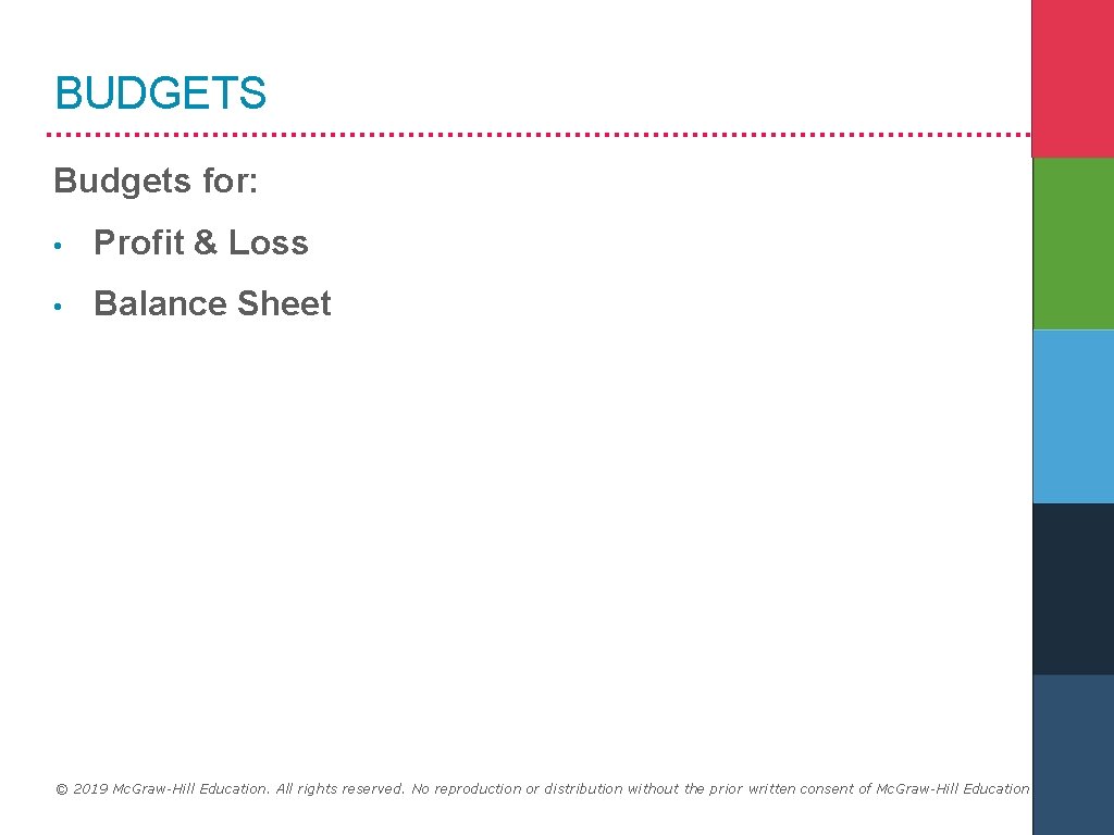 BUDGETS Budgets for: • Profit & Loss • Balance Sheet © 2019 Mc. Graw-Hill