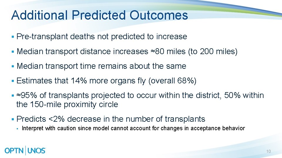 Additional Predicted Outcomes § Pre-transplant deaths not predicted to increase § Median transport distance