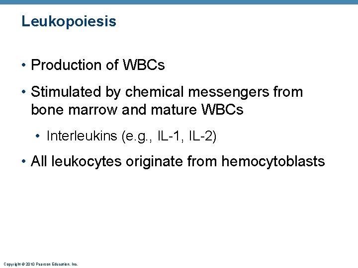 Leukopoiesis • Production of WBCs • Stimulated by chemical messengers from bone marrow and