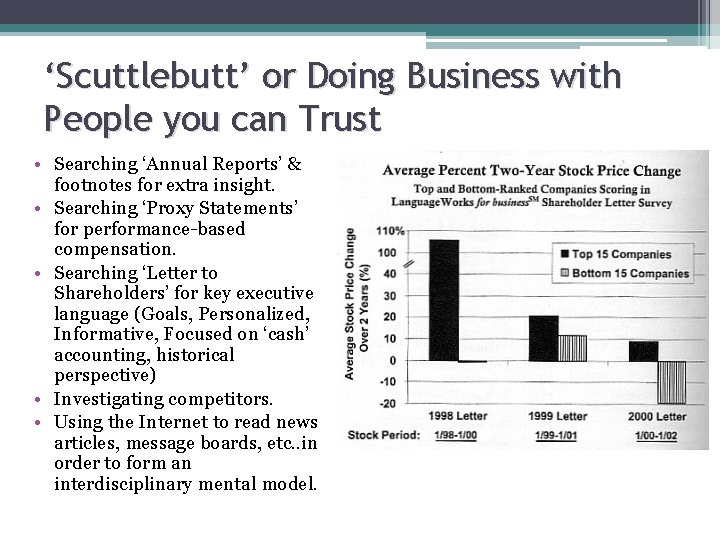 ‘Scuttlebutt’ or Doing Business with People you can Trust • Searching ‘Annual Reports’ &