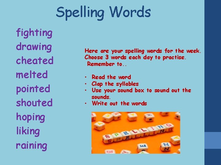 Spelling Words fighting drawing cheated melted pointed shouted hoping liking raining Here are your