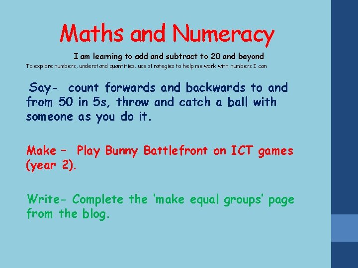 Maths and Numeracy I am learning to add and subtract to 20 and beyond
