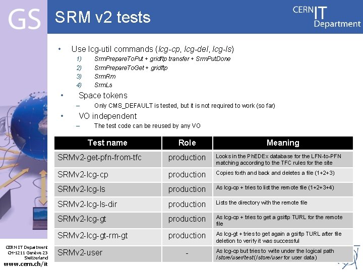 SRM v 2 tests • Use lcg-util commands (lcg-cp, lcg-del, lcg-ls) 1) 2) 3)